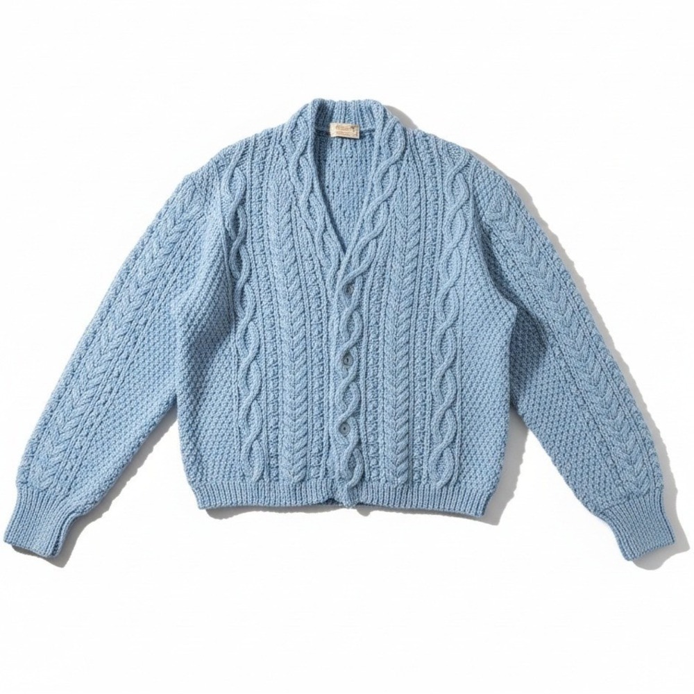 Hank Williams Jr. Cable Knit Cardigan Large Blue Shawl Collar Chunky Grandpacore